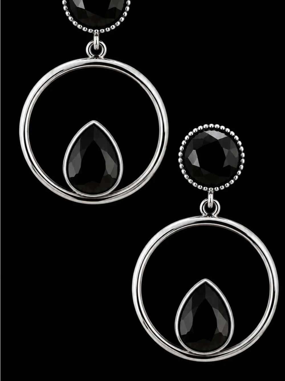 Silver Hoop Earrings with Black Teardrop Stones